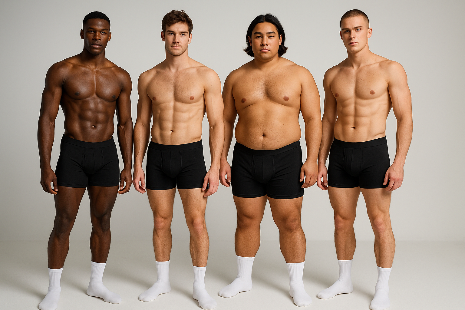 Bitte ein Bild mit männlichen, unterschiedlich aussehenden Models für Boxershorts (schwarz) und Tennis Socken (weiß) erstellen. Die Models sollen athletisch aussehen